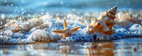 White sand beach with starfish and conch shells, blue sea backdrop