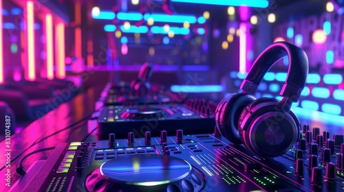 electric beats dj headphones and sound mixer in neonlit nightclub concept illustration