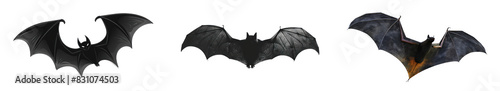 Black silhouette bats flying at night, cut out - stock png.