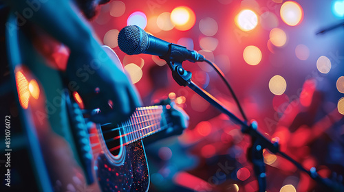 Acoustic Guitar Performance in Vibrant Stage Lights with Bokeh Background in Red and Blue