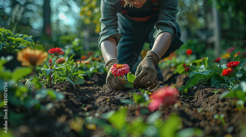 Gardener Planting Bright Red Flowers in Sunny Outdoor Garden with Green Plants and Rich Soil