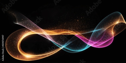 abstract luminous colorful curve trail of glowing glitters on plain black banner design background
