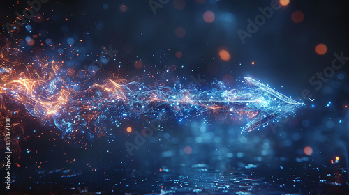 Glowing Blue and Orange Energy Arrow in Motion on Dark Background with Sparkles and Reflections