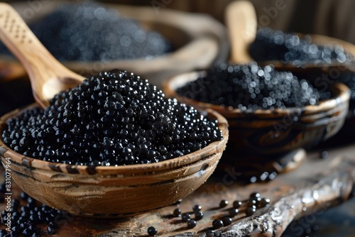 Gourmet Black Caviar in Wooden Bowl on Rustic Table