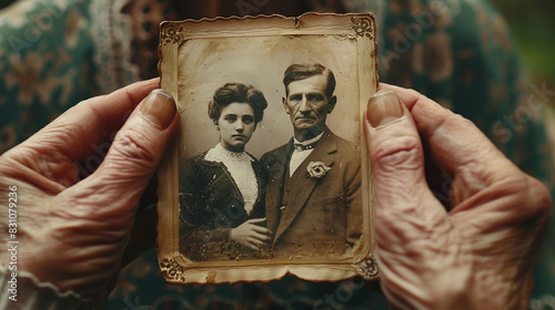 Elderly Hands Holding Vintage Black and White graph of Couple in Rustic Clothing