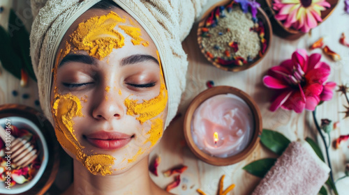 young indian woman applying turmeric cream on face