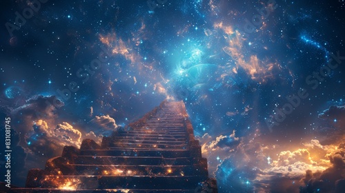 A grand staircase ascending into a twilight sky filled with luminous stars and nebulae, symbolizing a personal quest and discovery