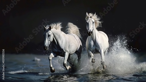 majestic white arabian horses running through water elegant equine art