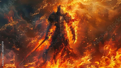 malevolent fantasy knight engulfed by raging fire and flames dramatic digital painting