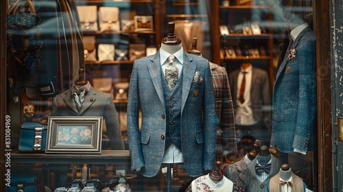 A vintage suit in the shop window of an old-fashioned men's store, surrounded by classic suits and accessories.