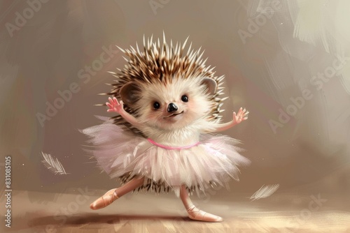 An adorable illustration of a hedgehog donning a tutu and ballet slippers with a joyful expression.