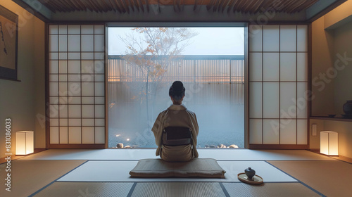 Woman in Traditional Kimono Meditating in Serene Japanese Room with Shōji Screens and Garden View