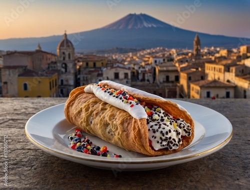 Cannoli Siciliani against the backdrop of Mount Etna, Catania, Palermo. Traditional cakes - the gastronomic symbol of Sicily. AI