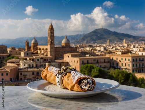 Cannoli Siciliani against the backdrop of Mount Etna, Catania, Palermo. Traditional cakes - the gastronomic symbol of Sicily. AI