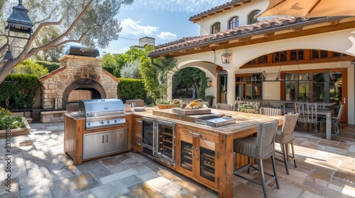 A luxurious outdoor kitchen with a built-in grill, pizza oven, and bar area provides the perfect setting for alfresco dining and entertaining under the stars.
