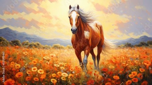 Illustration of beautiful horse in a field of poppies. 