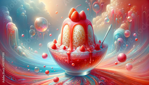「甘いイチゴのシロップをかけたかき氷」の超現実的なイラスト 