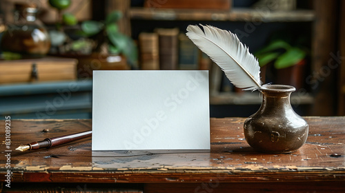 Blank White Card with Feather Quill Pen and Inkwell on Rustic Wooden Desk in Vintage Library