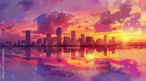 panoramic cityscape of miami skyline at sunset vibrant florida travel destination digital painting