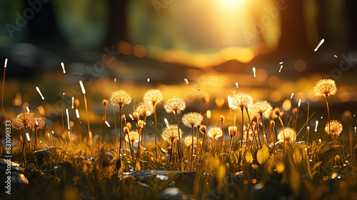 dandelions backlit by the warm, golden sunlight in a field