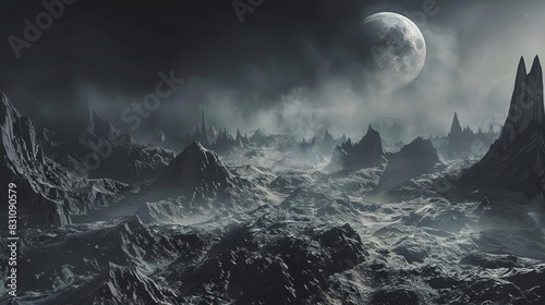 panoramic view of vast rocky alien landscape with jagged mountains under misty dark sky digital illustration