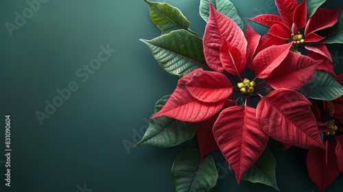 Vivid red poinsettia bloom against a crisp green backdrop in a clean and minimalist close-up shot, Created with Generative AI.
