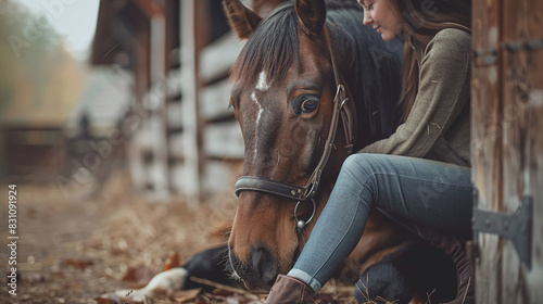 Young Woman Sitting Beside Brown Horse in Barn expressing Bond and Friendship during Autumn