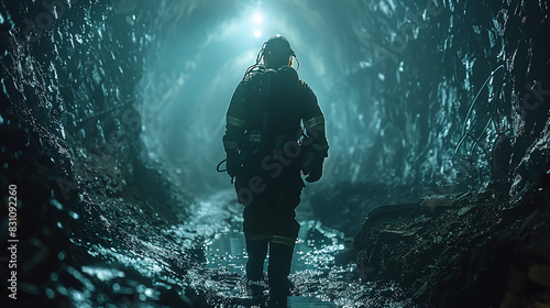 Miner in Safety Gear Walking Through Dimly Lit Underground Tunnel with Wet Rocky Walls and Reflective Water