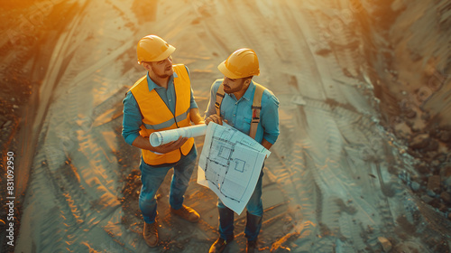 Construction Workers Reviewing Blueprints at Sunset on Construction Site With Dirt Surface