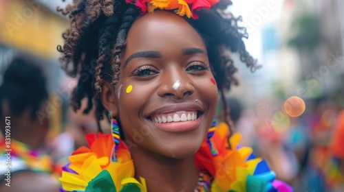 Happy woman smiling in crowd of people in city in LGBTQ day concept
