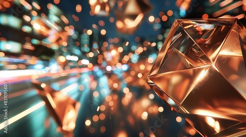 A dynamic scene of rotating geometric shapes made of polished copper, set against a high-speed blur of a cityscape at night, reflecting the city lights in a dazzling display.