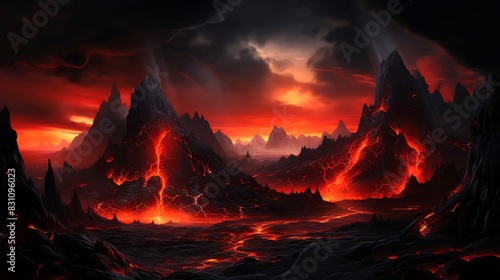 Abstract depiction of a volcano, combining stark contrasts between fiery and dark with a glowing lava effect for dramatic impact
