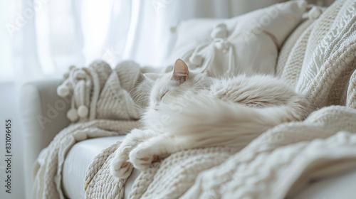 A fluffy white cat peacefully naps on a knit blanket-covered couch, bathed in soft light from a window.