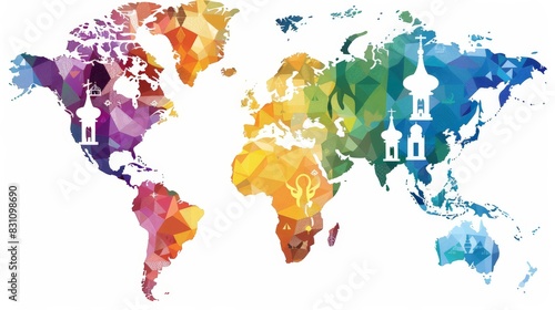 Create a world map displaying the global distribution of major religions. Use different colors or symbols to represent each religion and label the regions where they are predominant.