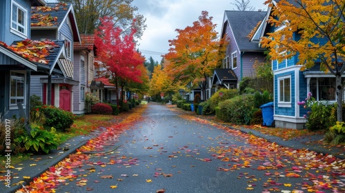 Autumn street with pastel houses and colorful leaves scattered on the ground.