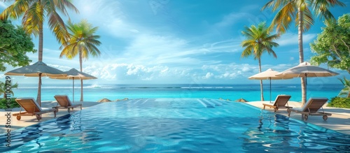 swimming pool in beach resort hotel with blue sky and clouds