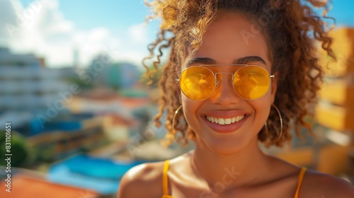 Cheerful girl from brazil with brazilian flag colors, city background