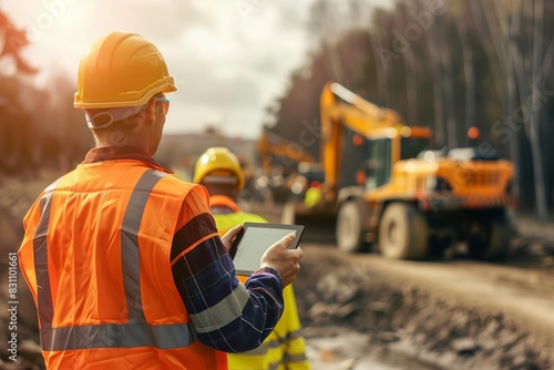 Construction worker in high-visibility vest using tablet on site with heavy machinery in the background. Technology integration in construction.