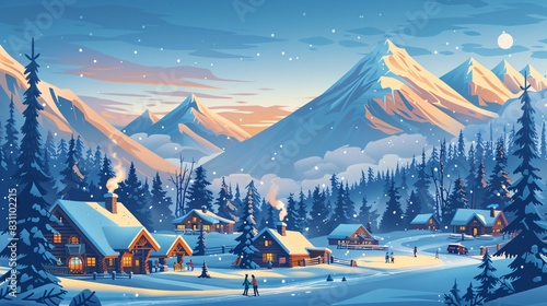 A whimsical cartoon banner advertising a mountain resort hotel, featuring cozy cabins, guests hiking and skiing, and a warm, inviting lodge with smoke rising from the chimney, all set against a