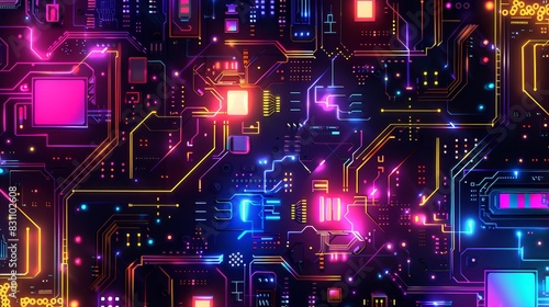 Futuristic digital circuit board with neon lights and glowing elements, representing electronic technology and advanced computing systems.