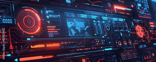 Futuristic digital interface with neon red and blue HUD elements, showcasing advanced technology and data visualization.