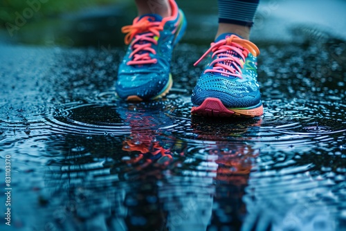 A clear 4K image of running shoes standing still on a water-covered road, with raindrops creating concentric circles around them, the shoes' colors popping against the reflective, wet surface,