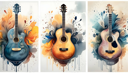 Collection colorful Guitar in the foreground on Watercolor painting background.