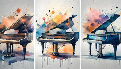 Collection colorful piano keyboard in the foreground on Watercolor painting background.