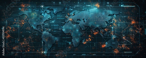 Futuristic world map interface highlighting global network connections and data points in a digital, cyber-technology theme.