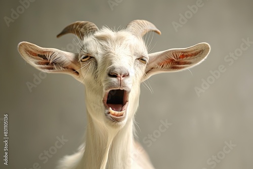Funny portrait of a goat with open mouth and large ears against a neutral background, showcasing animated expression.