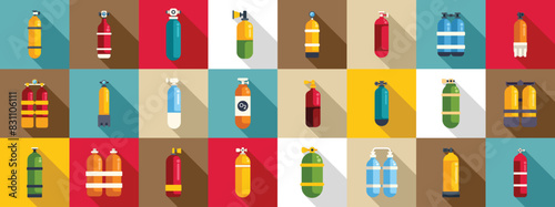 Diving cylinders icons set vector. A collection of various colored fire extinguishers in different sizes and shapes. Concept of safety and preparedness, as these fire extinguishers are essential tools
