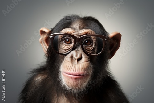 Playful chimpanzee wearing large eyeglasses and looking curiously. A fun and unique image for humor and creativity.