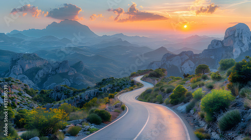 Rental car in spain mountain landscape road at sunset isolated on white background, vintage, png 