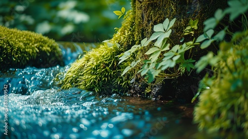 Serene forest stream flowing around a moss-covered tree and lush foliage, creating a peaceful and natural landscape.